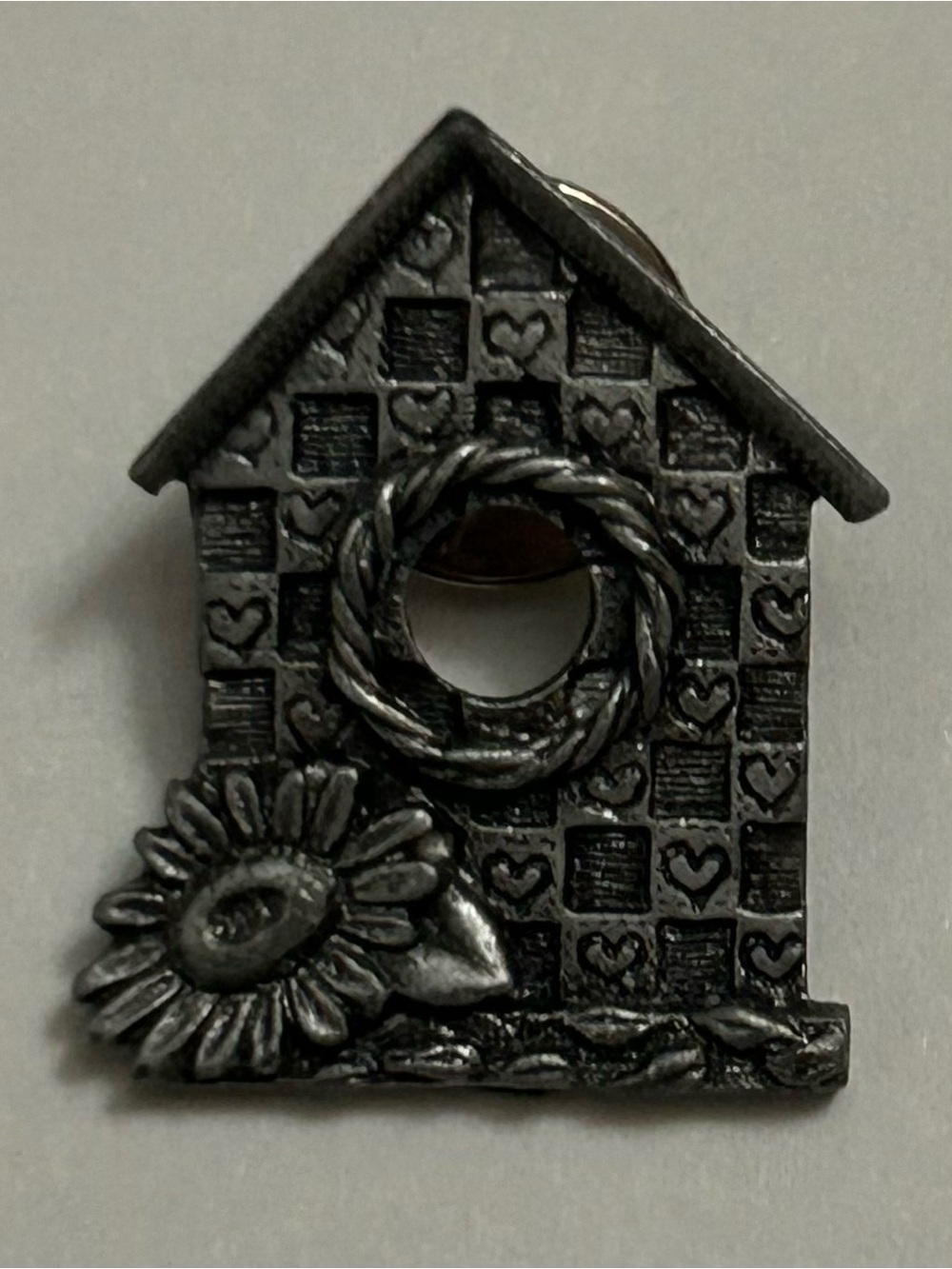 Vintage Decorative Metal Birdhouse Lapel Pin in Dark Pewter